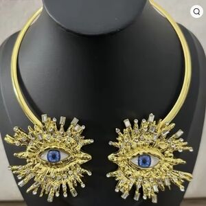 Gold Statement Collar Necklace with Blue Eye Accents